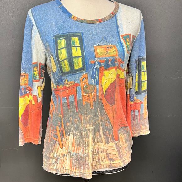 vintage women's Medium Van Gogh print painting T-shirt 3/4 sleeve scoop neck - Picture 1 of 5